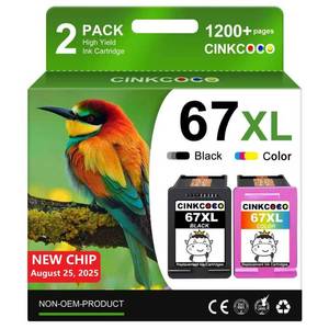 lot 782 image: CINKCOCO 67XL Ink Cartridge BlackColor Combo Pack Replacement for HP Ink 67 67XL Printer Ink Works for HP DeskJet 2755e 2700 2855e 2800 4155e 4255e 2755 2852e Envy 6055e 6000 6455e (2 Pack) - Retail $30