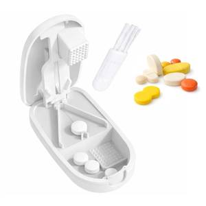 lot 786 image: Pill Cutter and Splitter for Small and Large Pills, Vitamin Tablet Press Crusher, Pocket Pill Organizer with Safety Blade Guard, Portable Divider for Travel Use �� White - Retail $6