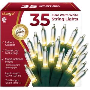 lot 808 image: Clear Warm White Christmas Tree Lights - 6.3 ft String of 35 Incandescent Mini Bulbs Multifunctional Lighting Modes, for Decorative, Bedroom, Outdoor, Xmas Twinkle Lights with Green Wire Total 6.6 ft - Retail $9