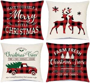 lot 817 image: Ueerdand Christmas Decorations Pillow Covers 18�18 Set of 4 Black and Red Xmas Farmhouse Buffalo Plaid Truck Throw Pillow Case for Holiday Home Sofa Couch - Retail $9