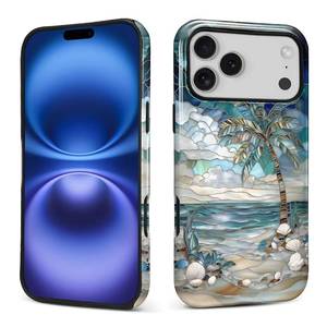 lot 819 image: Flivro Case for iPhone 17 Pro, PC Hard Shell & Silicone Inner Bumper, Anti-Scratch Full-Body Cover Shockproof Slim Design Beach Palm Tree - Retail $17