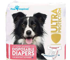 lot 833 image: Paw Inspired 18ct Disposable Dog Diapers  Female Dog Diapers Ultra Protection  Diapers for Dogs in Heat, Excitable Urination, or Incontinence (Large) - Retail $23