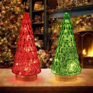 lot 864 image: PHITRIC Christmas Decorations Indoor, 2 PCS Sparkling Glass Christmas Tree Table Centerpieces Decor with LED Lights and Timer, Xmas Tree Decorations for Home, Mantel, Shelf, Tabletop (Red & Green) - Retail $36