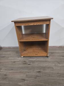 lot 24 image: Oak Rolling Printer Stand with Storage Shelves