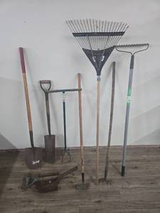 lot 50 image: Garden Tool Collection with Rakes and Shovels