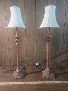 lot 125 image: Traditional Wood Column Table Lamps with White Shades
