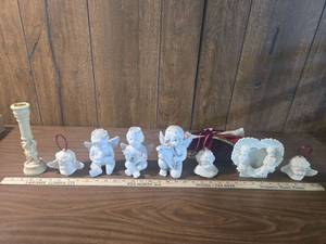 lot 198 image: White Cherub Figurine Collection with Candlestick