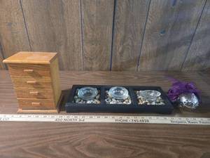 lot 200 image: Oak Wood Jewelry Box with Glass Candle Display