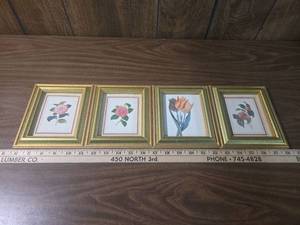 lot 202 image: Floral Art Prints in Gold Frames - Set of 4