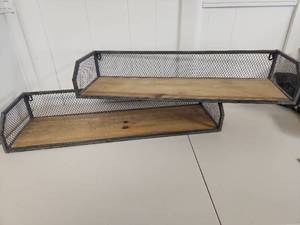 lot 202 image: Industrial Metal Mesh Wall Shelf Unit - Set of Two