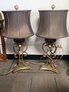 lot 232 image: Brass Scroll Table Lamps with Gray Shades