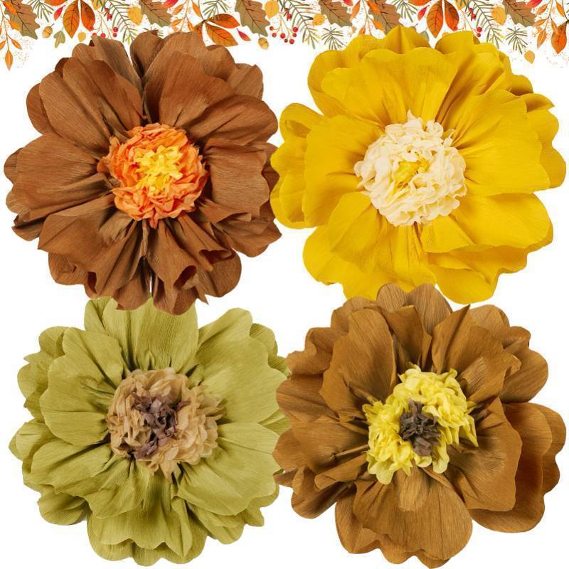 lot 43481 image: 4 PCS 20 Brown Yellow Giant Paper Flowers Boho Baby Shower Party Decorations Thanksgiving Fall Autumn Large Tissue Pom Poms Neutral Floral Rustic Crepe Paper Flowers for Wall Birthday Wedding Garden - Retail $20