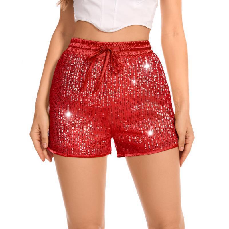lot 53905 image: Sequin Shorts for Women Elastic High Waisted Sparkle Rave Short Casual Party Pants Clubwear Night-Out Red Small - Retail $20