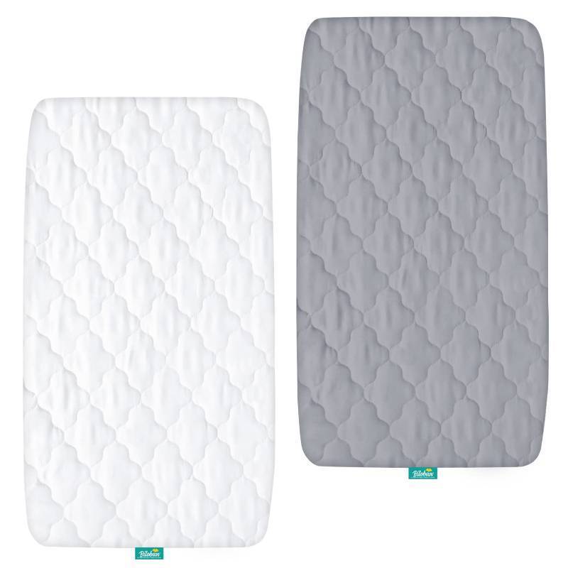 lot 61794 image: Bassinet Mattress Pad Cover Waterproof, Quilted Mattress Protector Sheets Fits All Mainstream Bassinet - Rectangle, Oval, Hourglass, 2 Pack, 17 x 33, Ultra Soft Breathable, White and Grey - Retail $18