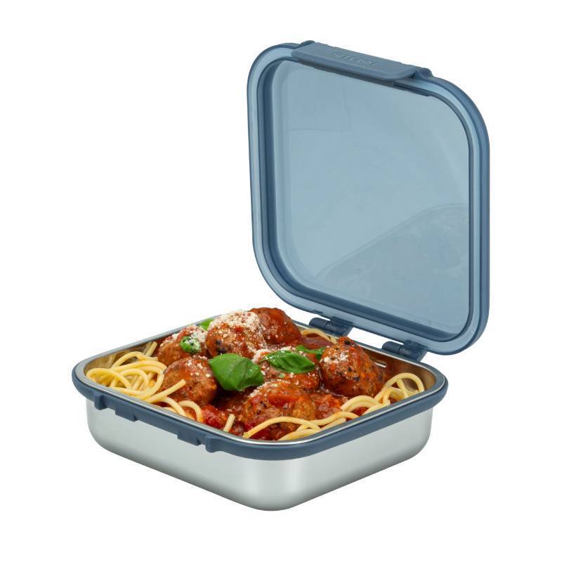 lot 61800 image: Smash 30 oz  900ml Microwave Safe Stainless Steel MealSandwichLunch Box with Black Hinged Lid Leak-Proof Clip Closure, Silicone Seal, BPA-Free. SMALL DENT ON BOTTOM.