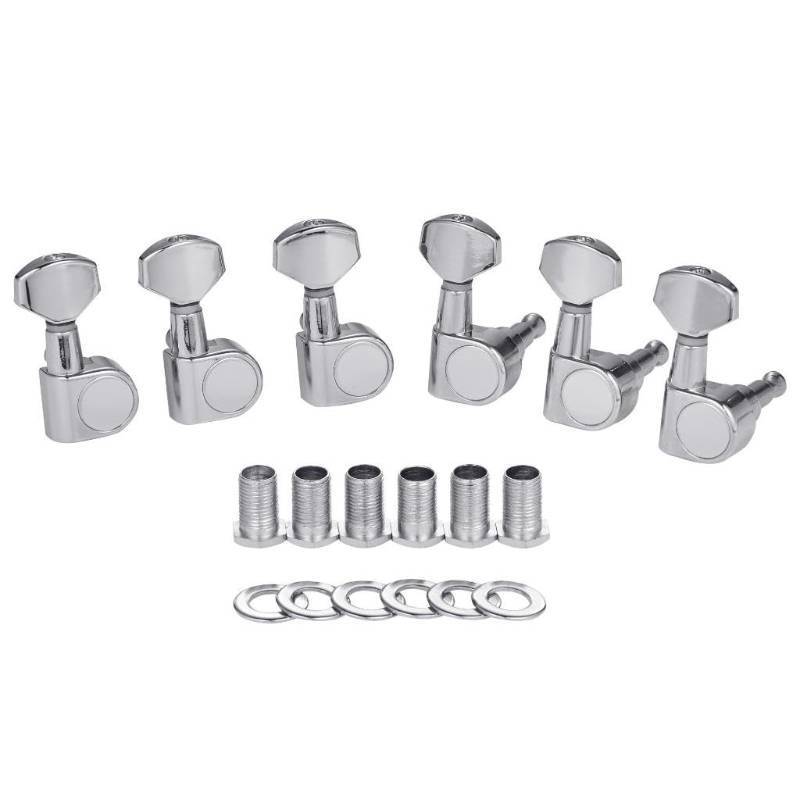lot 61834 image: 6 Inline Guitar 2 Pin Tuners Tuning Keys Pegs Dual Pin Tuning Machine Heads for Squier StratTeleIbanezYamahaImport Style Guitars Mini Contemporary Button Chrome - Retail $18