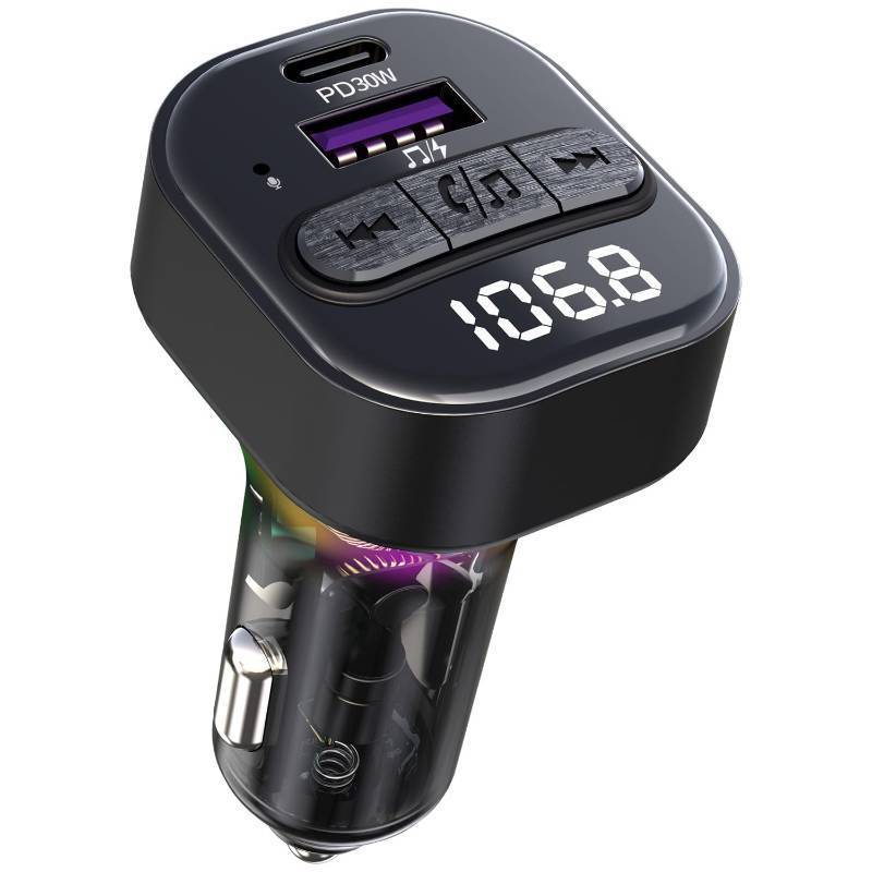 lot 61837 image: Bluetooth 5.3 FM Transmitter for Car, Bluetooth Car Adapter with Type-C PD(30W) Charger and QC3.0 USB Port, Wireless FM Radio Transmitter, Support MP3 Player, Handsfree Calling, LED Backlit, U Disk