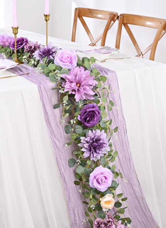 lot 61851 image: Flower Garland, 6.07Ft Eucalyptus Garland with Flowers, Silk Rose Floral Vines for Wedding Reception Table Mantle Decor (Purple)