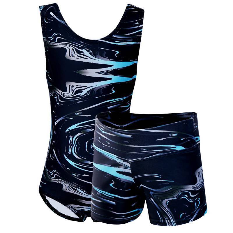 lot 61874 image: Gymnastics Leotards for Girls and Matching Shorts Set Size 14 Black Blue - Retail $33