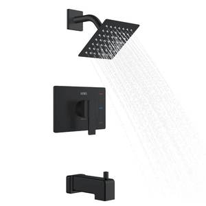 lot 25664 image: Tub Shower Faucet Set Complete, Matte Black Tub and Shower Trim Kit with 6-Inch Rain Shower Head, Square Shower System, KE-6025A-2 (Shower Valve Included) - Retail $100
