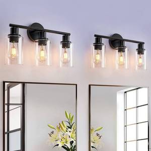 lot 25666 image: 3-Light Bathroom Light Fixtures Set of 2 Black Modern Vanity Lights with Clear Glass Shade - 18.51 Bathroom Wall Lamp for Mirror Kitchen Living Room - Retail $53