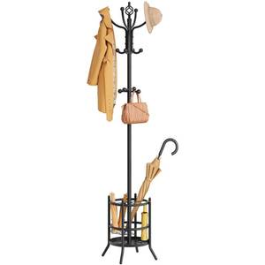 lot 25668 image: Coat Rack Stand with Umbrella Holder, Coat Tree Freestanding with 16 Hooks, Coat Hangers Stand for Living Room, Bedroom, Office, Black - Retail $40