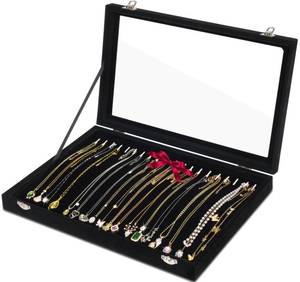 lot 25672 image: Necklace Organizer Box, Tray with Clear Lid, Velvet Dustproof Necklaces Holder Storage Display Case, 20 Hooks Glass Top Jewelry Tray Drawer Insert for Pendant Bracelet - Retail $18