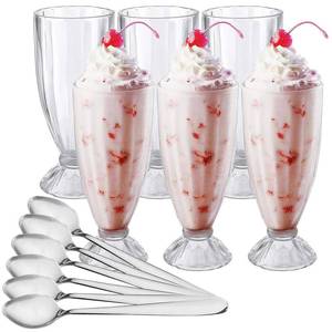 lot 25684 image: Set of 6 Milkshake Glass, 12oz Old Fashion Sundae Cups, Retro Ice Cream Float Glasses, Heavy Base Soda Fountain Glassware with 6 Long Stainless Steel Spoons - Retail $27