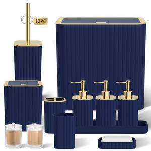 lot 25686 image: Bathroom Accessory Set - Bathroom Set, 12PC Bathroom Accessories Set, Navy Blue Bathroom Accessories Set, Mini Trash Can, Toilet Brush, Trash Can & Soap Dispenser - Retail $44