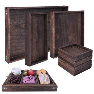 lot 25692 image: Wood Serving Tray with Handles, Set of 7 Rectangular Wooden Nesting Multipurpose Trays, Decorative Serving Trays Platter for Breakfast in Bed, Lunch, Dinner, Patio, Ottoman, Coffee Table, Party - Retail $27