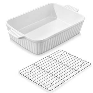 lot 25694 image: 4.4 QT Baking Dish with Rack, 9x13 Large Casserole Dish for Oven, Ceramic Baking Pan with Rack, Rectangular Lasagna Pan Deep with Handles for Baking, Durable Microwave Oven Safe, White - Retail $35