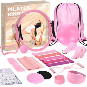 lot 25696 image: 20 Pcs Pilates Ring Set for Women, Magic Circle Pilates Rings 12 with Resistance Bands, Pilates Kit for Home Workouts, Pilates Equipment for Strength, Toning and Flexibility(Pink,15pcs) - Retail $27