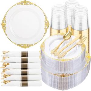 lot 25704 image: 350pcs Clear and Gold Plates - Clear Party Plates for 50 Guest, Include 100 Heavy-duty Plates(20% Thicker Than Standard), 50 Pre Rolled Gold Plastic Silverware Set, 50 Cups - Retail $57
