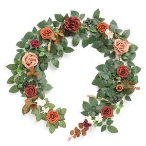 lot 25709 image: 5FT Terracotta Artificial Flower Garland Rose Eucalyptus Leaves Fall Floral Garland Burnt Orange Arch Flowers Vine for Wedding Party Backdrop Decor Mantel Table Centerpieces Decorations - Retail $36
