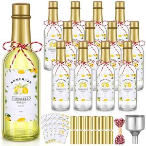 lot 25716 image: 12 Sets Limoncello Glass Bottles Sets 8 oz Clear Glass Bottles for Limoncello Homemade with Tags and Twine and Funnel for Home Brewing Wedding Baby Shower Party Favors - Retail $34