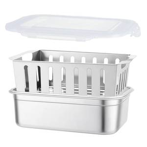 lot 25718 image: Stainless Steel Food Storage Container with Removable Colander & Lid, Food Meat Vegetable Fruit Bacon Drain Marinating Containers Box Set for Refrigerator, Kitchen, BBQ, Cooking - Retail $30