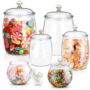 lot 25739 image: 6 Pcs Plastic Candy and Cookie Jar with Lids Decorative Apothecary Jars Candy Buffet Containers Clear Airtight Food Storage Canister Home Decoration(3042648090 oz,Classic, Stylish) - Retail $45