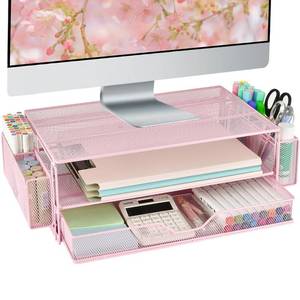 lot 25743 image: Computer Monitor Stands Riser��2-Tier Desk Organizers and Accessories, Office Desk Accessories Organizer with Drawers and 2 Pen Holder for Office Supplies (Pink) - Retail $22