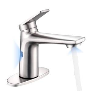 lot 25744 image: Touchless Automatic Motion Sensor Bathroom Faucet with 1 Handle, 2 Modes, Hands Free, Temperature Control, 1 or 3 Holes, Brushed Nickel Finish - Retail $139