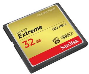 lot 25779 image: SanDisk 32GB Extreme CompactFlash Memory Card UDMA 7 Speed Up To 120MBs - SDCFXSB-032G-G46 - Retail $59