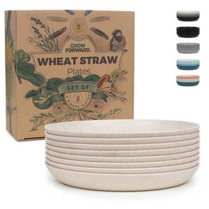lot 25783 image: Grow Forward Premium Wheat Straw Plates - 8 Inch Reusable Hard Plastic Dinner Plates Set of 8 - Unbreakable Microwave Safe Plates for Dessert, Camping, RV, Outdoors, Patio, Kitchen Dishes - Sahara - Retail $16