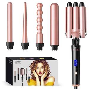 lot 25790 image: 5 in 1 Curling Wand Set with Temperature Display, Curling Iron Set with 5 Interchangeable Ceramic Curling Wands, Instant Heat Up, Suitable for All Hair Types (Rose Gold) - Retail $40