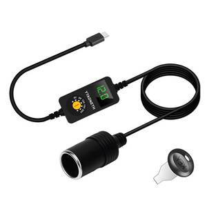 lot 25806 image: USB C to 5V 9V 12V 15V 20V Cigarette Lighter Adapter, USB C Male to Cigarette Lighter Female Socket, PD Trigger Cable with LED Display Voltage, for Dash Cam, GPS, Car LED Light Strips (3.93 FT) - Retail $14