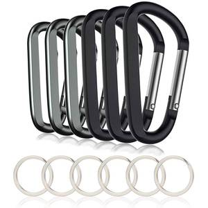 lot 25809 image: 6PCS Carabiner Caribeaner Clip,3 Large Aluminum D Ring Shape Carabeaner with 6PCS Keyring Keychain Hook (Black  Grey)