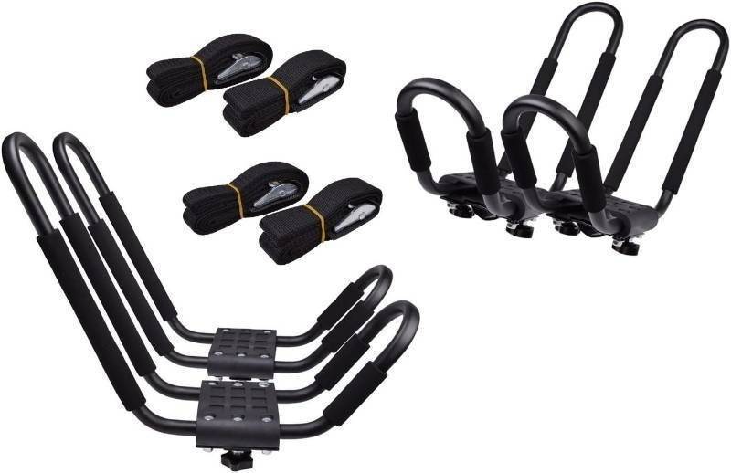 lot 92637 image: TMS Kayak Roof Racks for 2 Kayaks - Dual Universal Fit Carriers Include Two Sets of Straps for Cars, Trucks and SUVs - Easy to Mount J-Bar Style Carriers for Kayaks Canoes Paddleboards and Surfboards - Retail $90