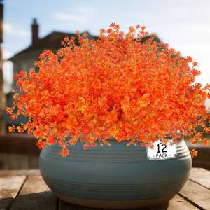 lot 55799 image: 12 Bundles Artificial Fall Flowers for Outdoors, No Fade Faux Autumn Plants, UV Resistant for Thanksgiving Days, Home D cor (Orange Red)