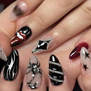 lot 55809 image: 24 Pcs Halloween Press on Nails Full Cover False Nails with Black Spider & Lip Designs Silver Flame Clown Fake Nails Glossy Medium Almond Artificial Acrylic Nail for aWomen DIY Manicure Art