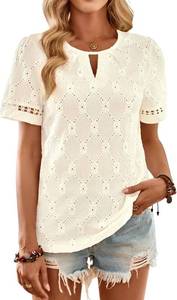 lot 55850 image: Womens Summer Tops Keyhole Crew Neck Eyelet Lace Short Sleeve Blouses Boho Casual Hollow Out Embroidered Shirts