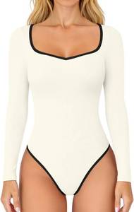 lot 55856 image: OQQ Women Bodysuit Contrast-Trim Square Neck Long Sleeve Stretch Bodysuit Tops