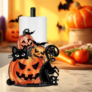 lot 55874 image: Halloween Paper Towel Holder, Scary Pumpkin Black Cat Paper Holder, Fall Holiday Decoration for Kitchen Countertop Bathroom Home Farmhouse, Halloween Holiday Pumpkin Head Decor Indoor